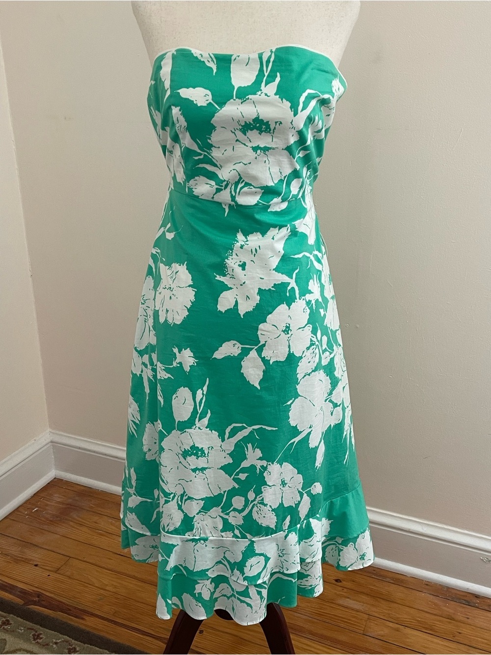 Anthropologie Elevenses Strapless Floral Midi Dress Green White Size 12